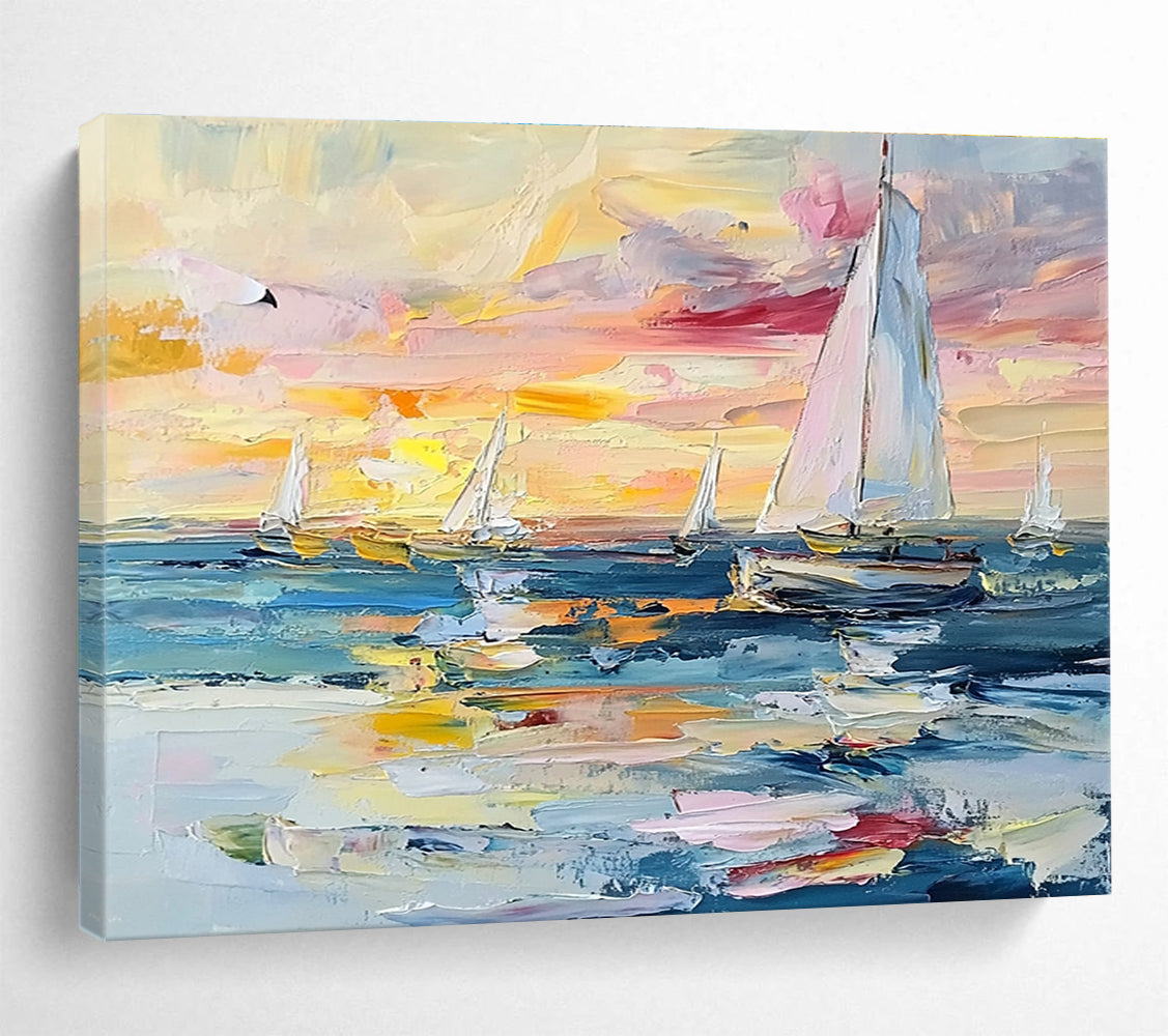 Sailboats at Sunset Colorful Abstract Painting with Vivid Sky Hues DYP603