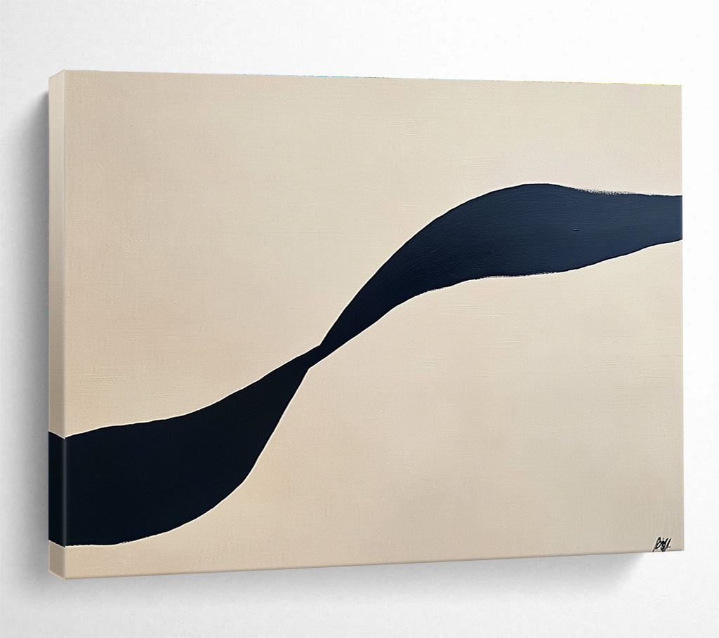 Large abstract painting featuring a single black curved line on a cream background for minimalist aesthetic appeal.SC587