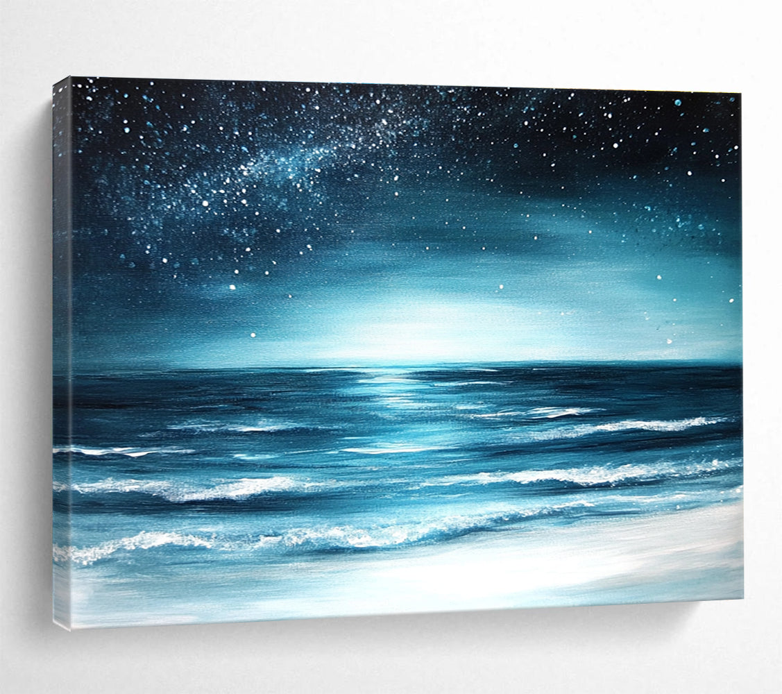 Starry Sea Abstract Painting with Deep Blue and Silver Tones DYP554