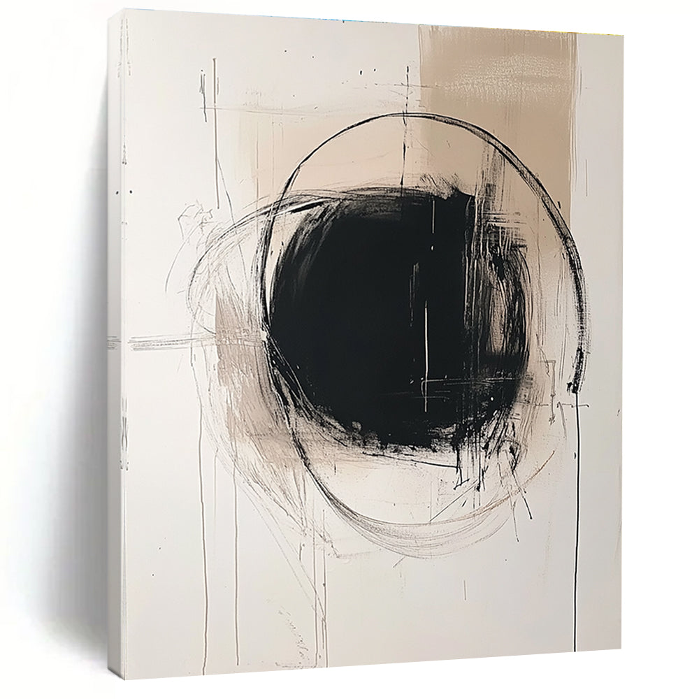 Large abstract painting featuring a central grayish circle minimalist lines and light splashes on off-white paper in the style of Doig and Hockney.STSC771