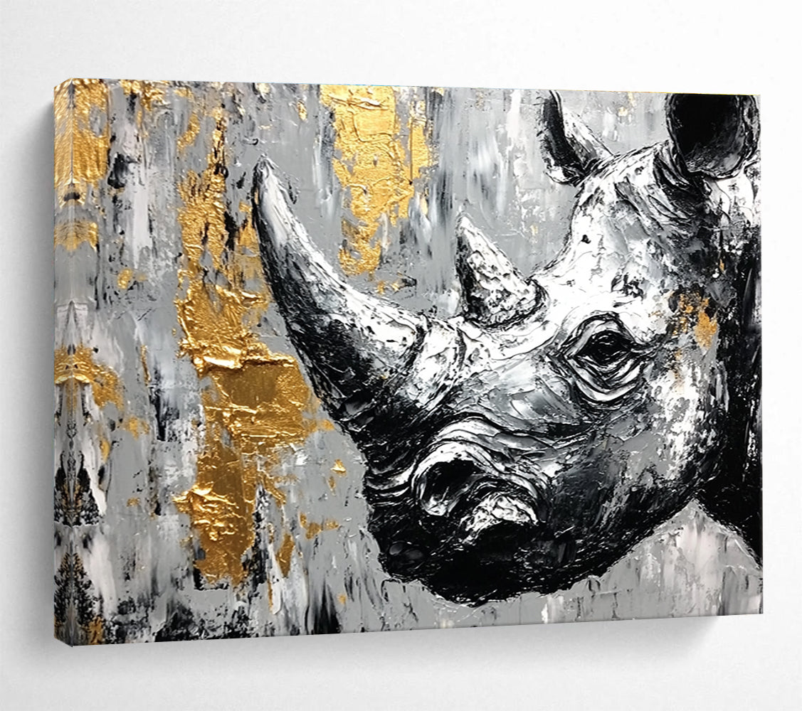 Textured Rhino Portrait Abstract Painting with Gold Accents DYP327