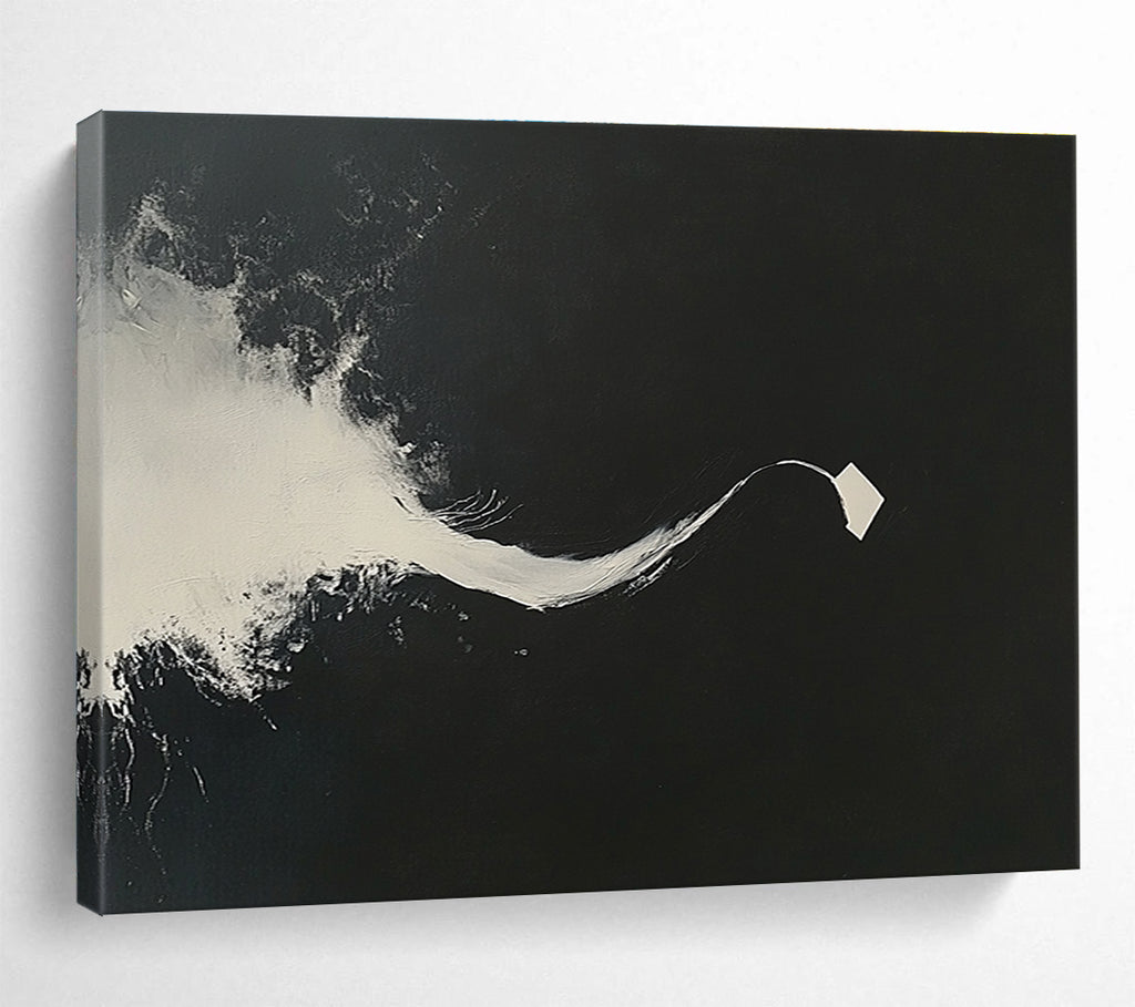 Large abstract painting features white brush strokes on a black background highlighting a curved line and a single floating paper piece.SC096