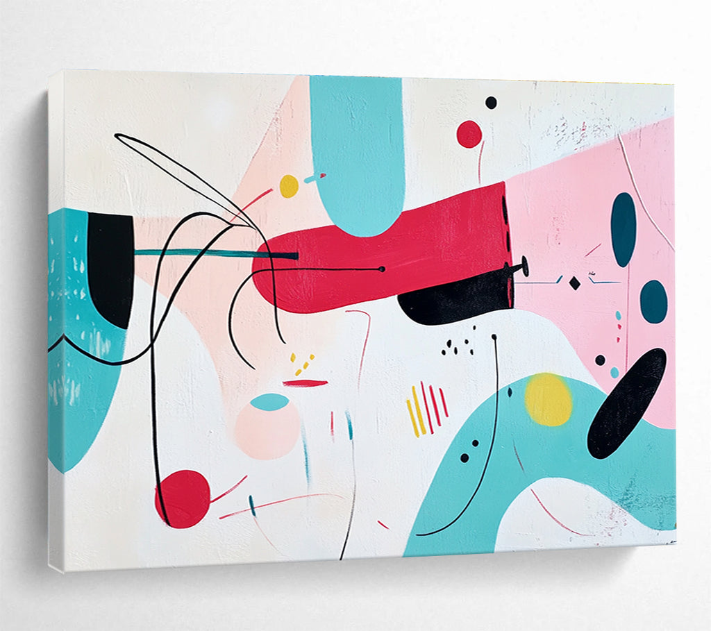 Large abstract painting featuring whimsical pink shapes with black outlines and colorful accents on a white background.SC187