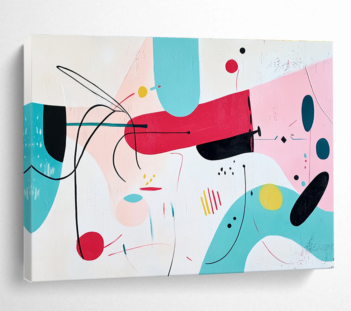Large abstract painting featuring whimsical pink shapes with black outlines and colorful accents on a white background.SC187