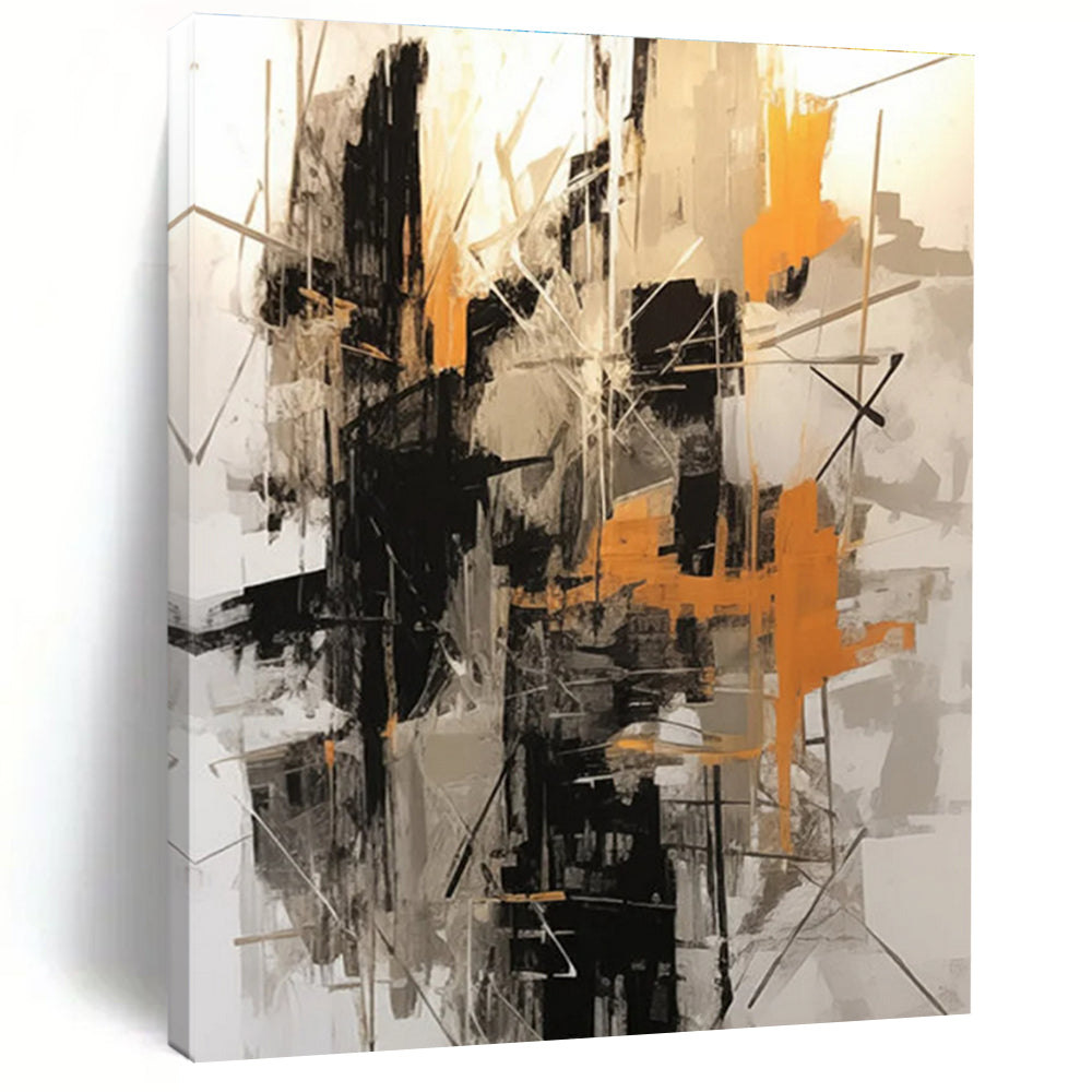 Black, Gray, and Orange Abstract Painting with Intersecting Lines ADGE116