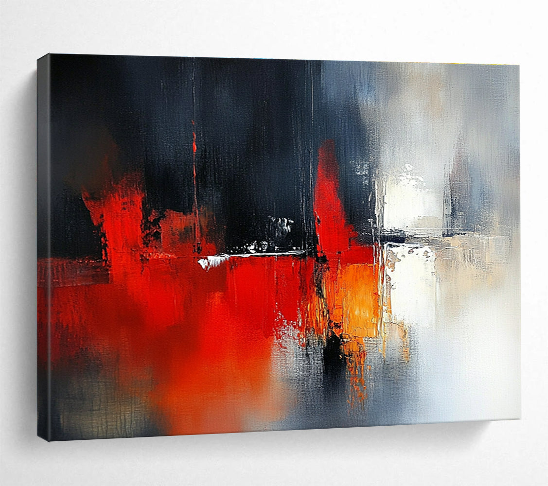 Large abstract painting featuring blurred red and white tones with dark gray background and architectural elements complemented by delicate textures and soft lighting effects.SC230