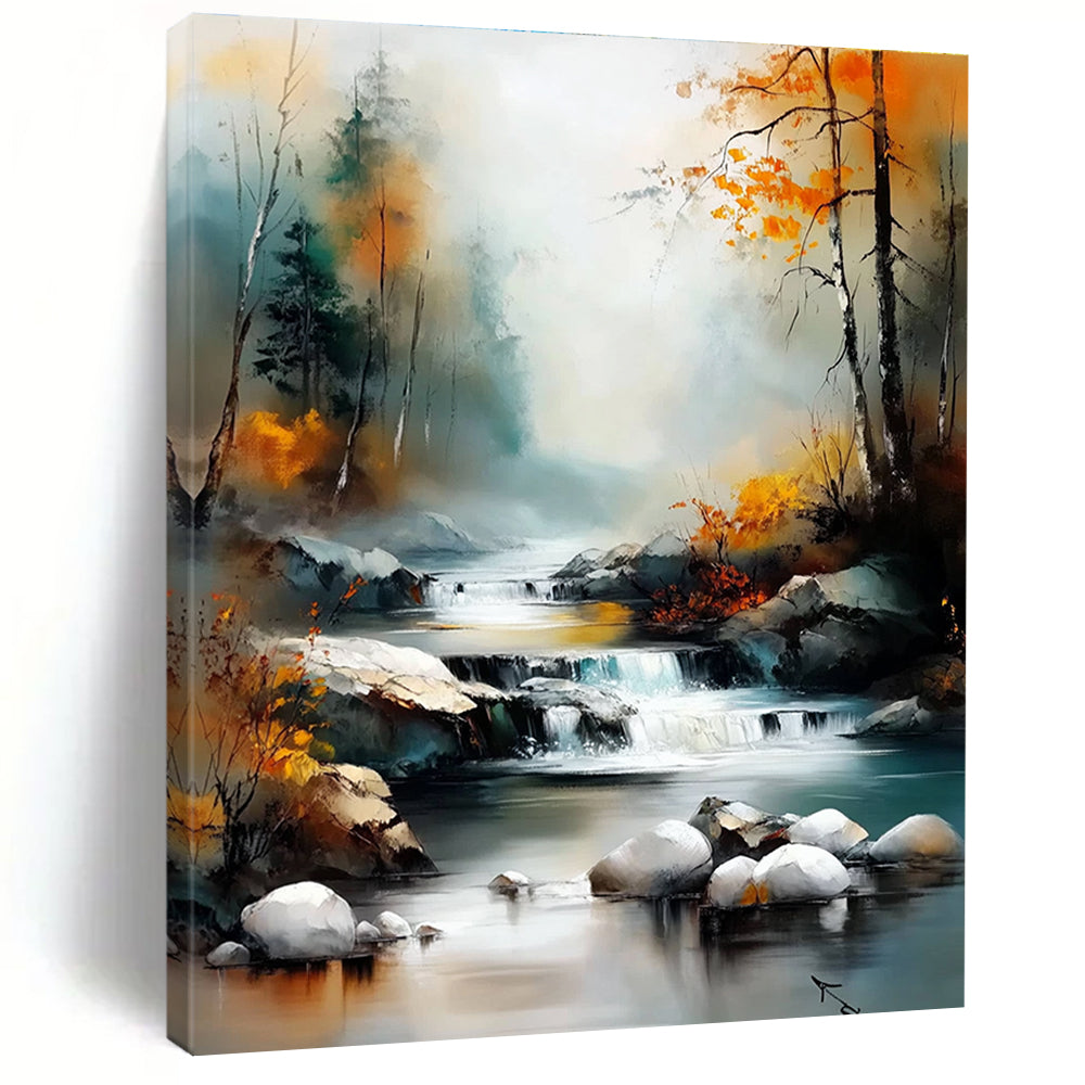 Large abstract painting capturing a river through a valley with autumn trees and vibrant colors in a soft misty style reminiscent of Claude Monet.STSC1165