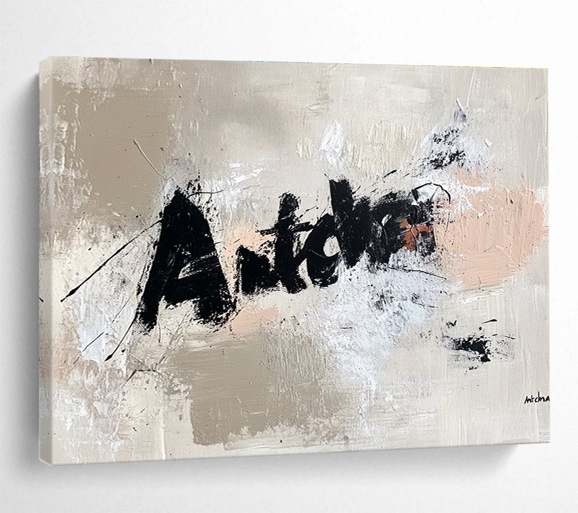 Textured Word Abstract Painting with Beige and Black DYP469