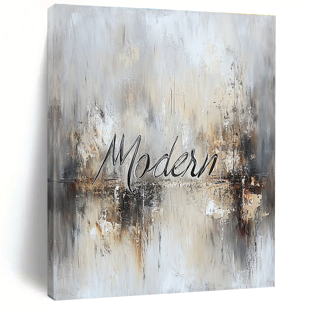 Large abstract painting featuring the word Modern in cursive with muted neutrals and metallic accents for a sophisticated contemporary vibe.STSC816