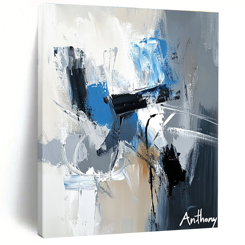 Large abstract painting featuring the name Anthony in white gray and blue tones with dynamic brush strokes and rich textures.STSC450