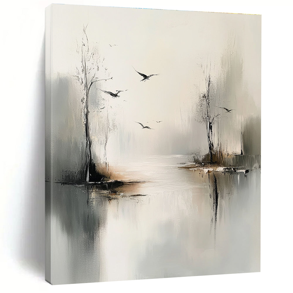 Large abstract painting of trees and birds over water in gray tones with a minimalist style and dreamy mood.STSC351