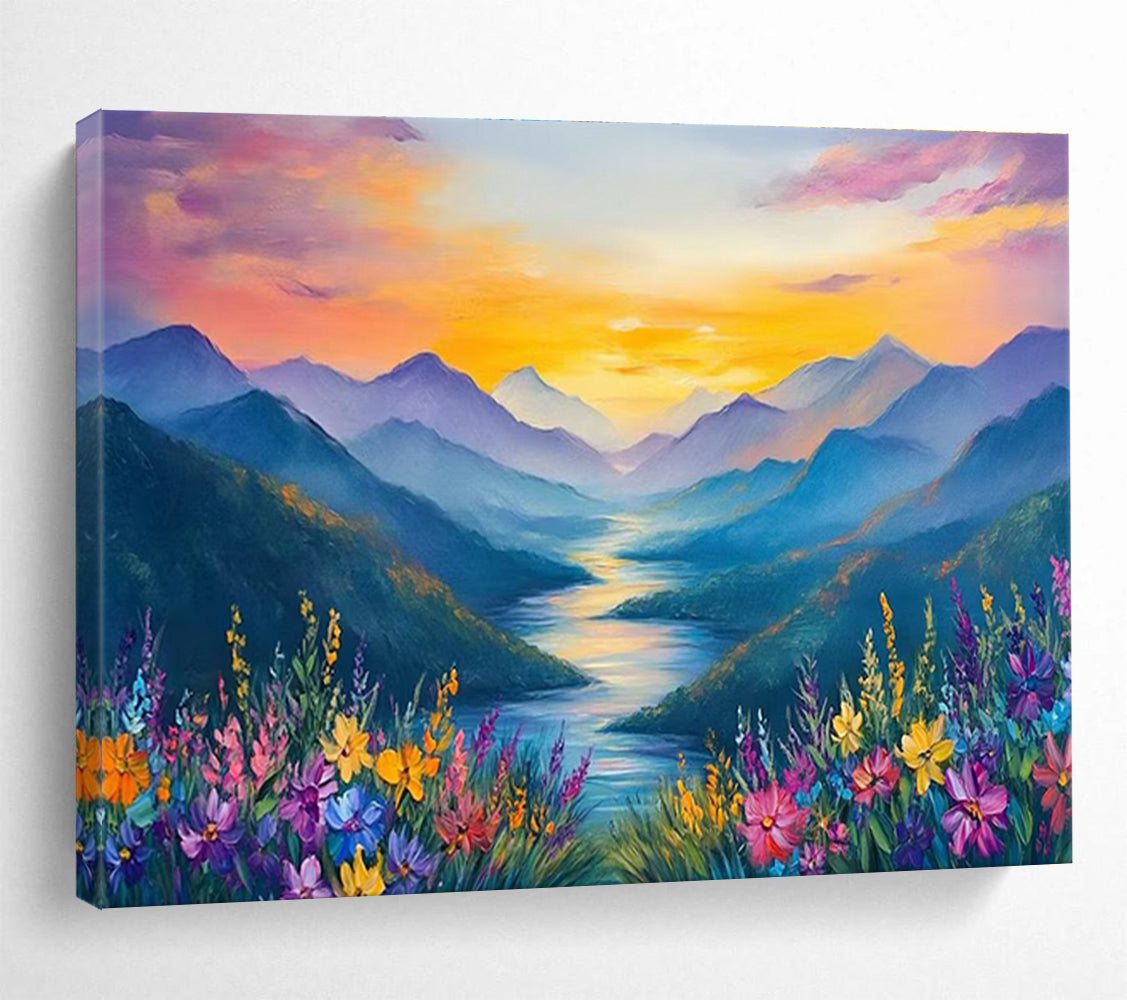 Sunset Mountain Valley Abstract Painting with Dramatic, Colorful Hues THY414
