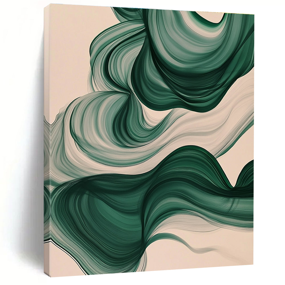 Green and White Abstract Painting with Flowing Ribbons GER423