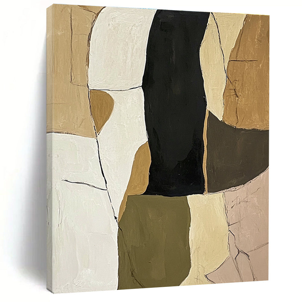 Large abstract painting in neutral tones of olive green beige and black on white background featuring organic shapes and textured lines for depth.STSC781