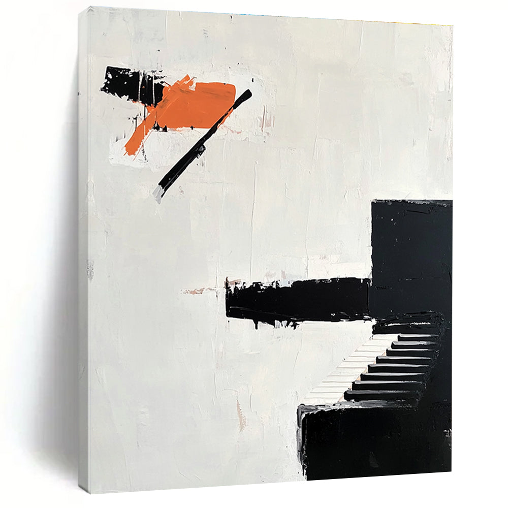 Abstract oil painting featuring bold impasto brush strokes with a minimalist design including an abstract black piano and orange shapes.STSC1089