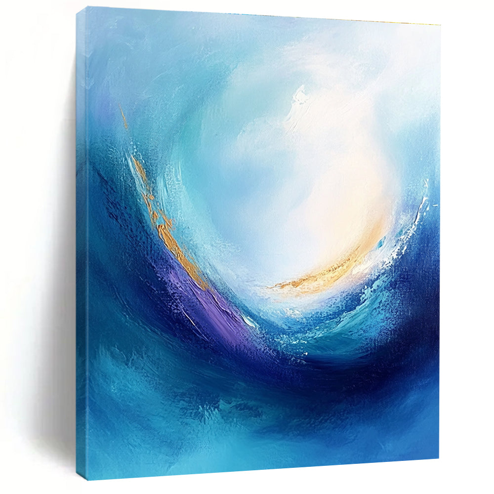Large abstract painting of a blue sea with swirling vortices and emotional colors depicting tranquility and calmness in high resolution.STSC042