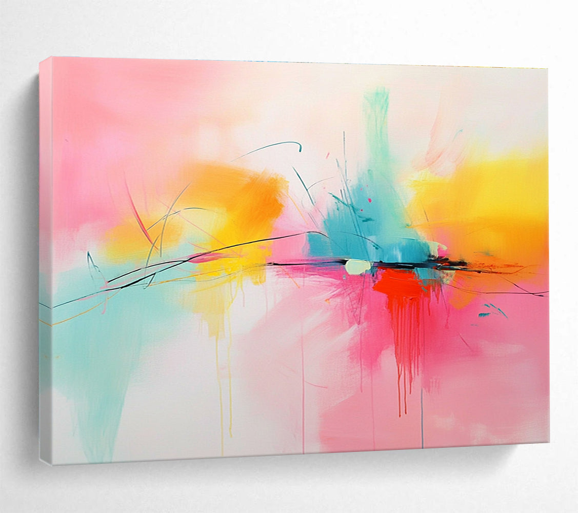 Large abstract painting in pink, yellow, and turquoise featuring dynamic lines and shapes for a vibrant artistic touch.SC144