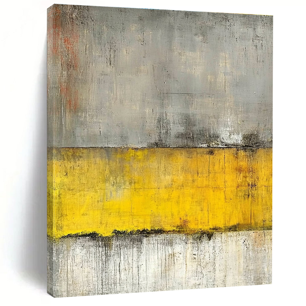 Large abstract painting featuring gray and yellow tones with a concrete texture and grainy canvas highlighted by horizontal lines.STSC233
