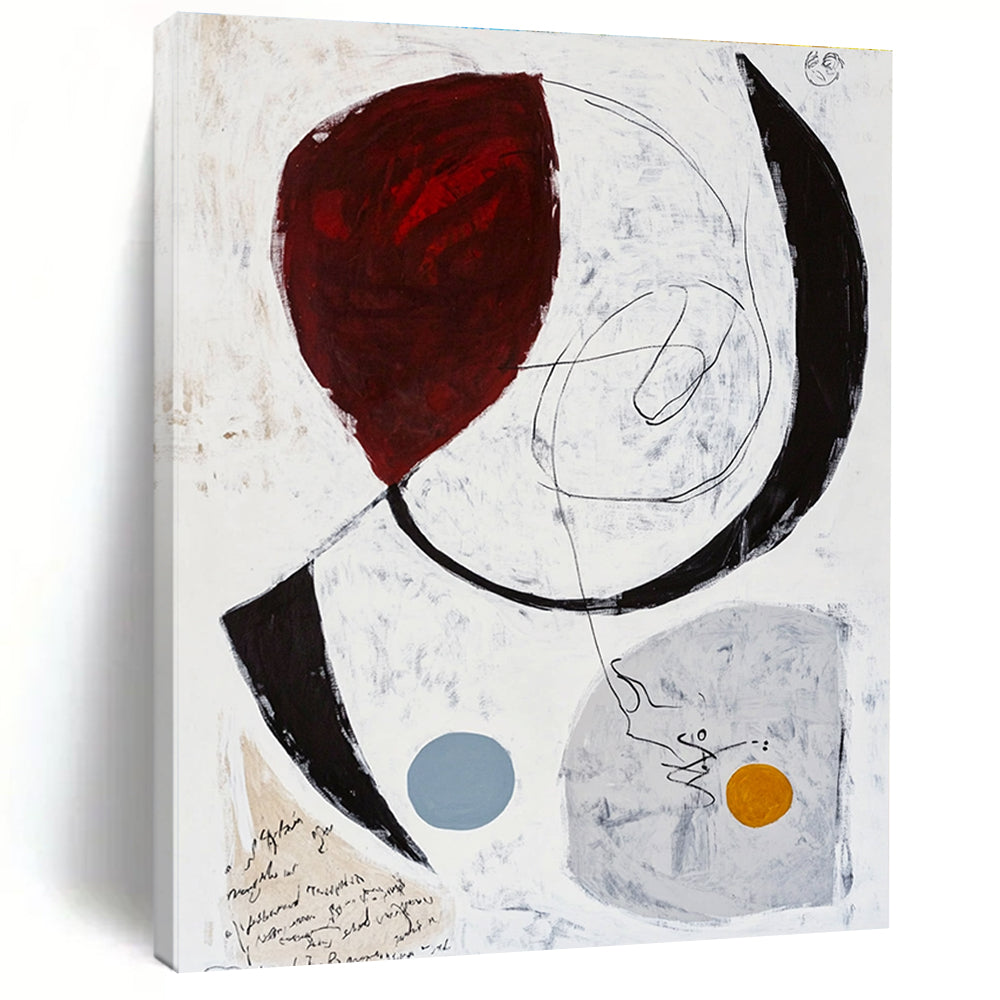 Large abstract painting featuring white grey and red tones with black lines and brown ink scribbles on paper.STSC829