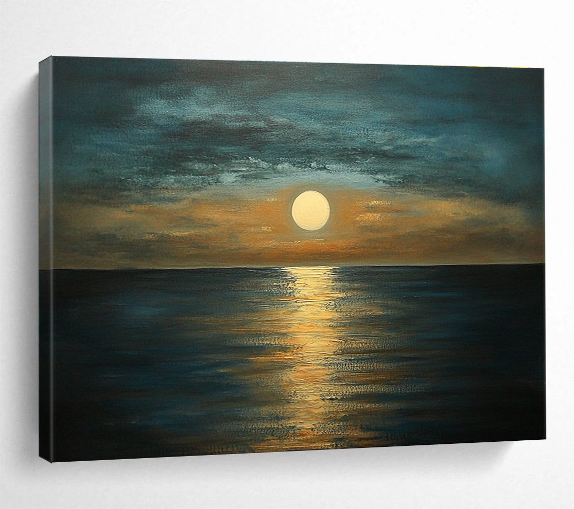 A large abstract painting depicting a serene sea at dusk with muted tones of blue brown and gold capturing tranquility and harmony in nature.SC413