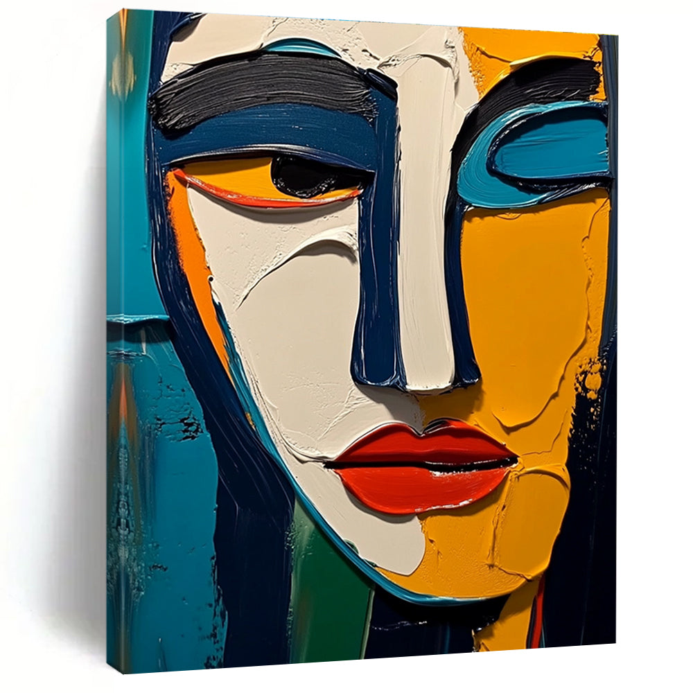 Large abstract painting featuring thick impasto texture with vibrant colors blue yellow white black red orange and green inspired by Picasso and Matisse.STSC557