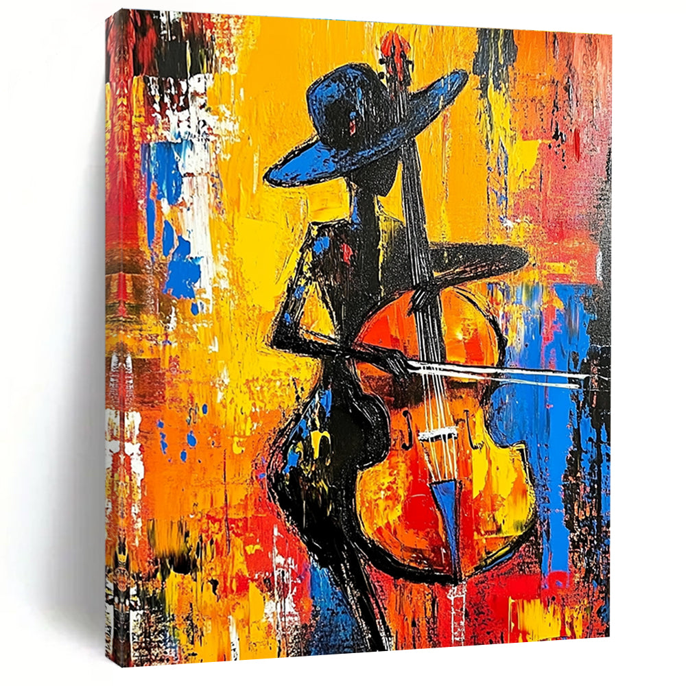 Large Abstract Painting Featuring A Woman In Black With A Hat Playing Cello In Vibrant Red Yellow Blue And Orange Tones Inspired By Anna Bocek.STSC1261