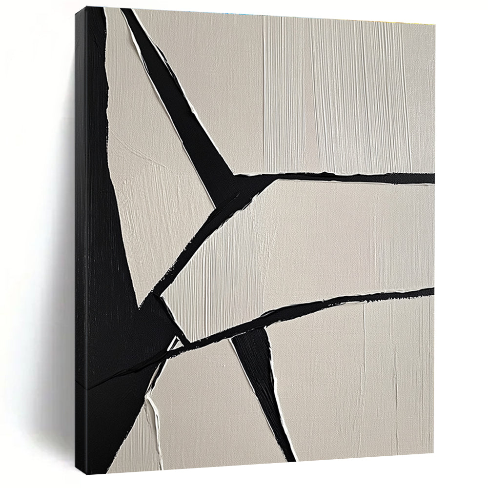 Large abstract painting featuring crumpled paper texture geometric shapes and a cloth detail in a modern gray color scheme.STSC1247