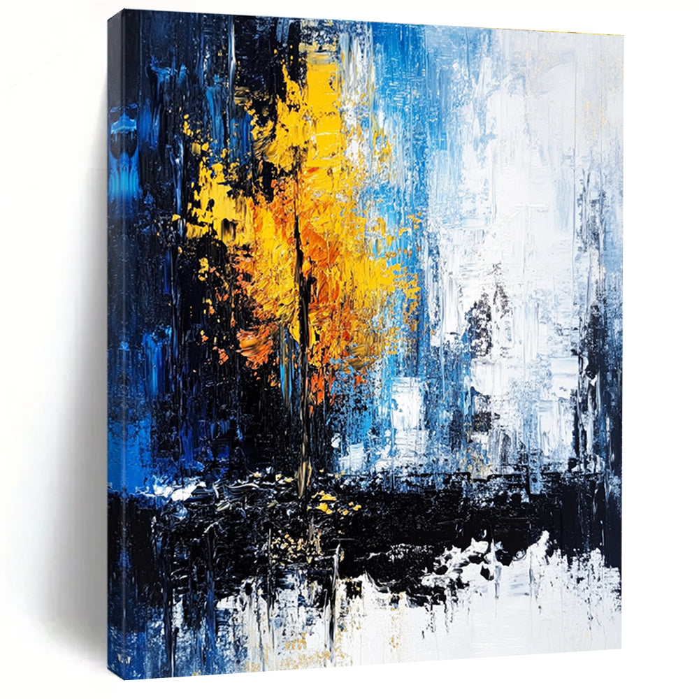 Blue and Yellow Abstract Painting with a Symbolic Tree GER398