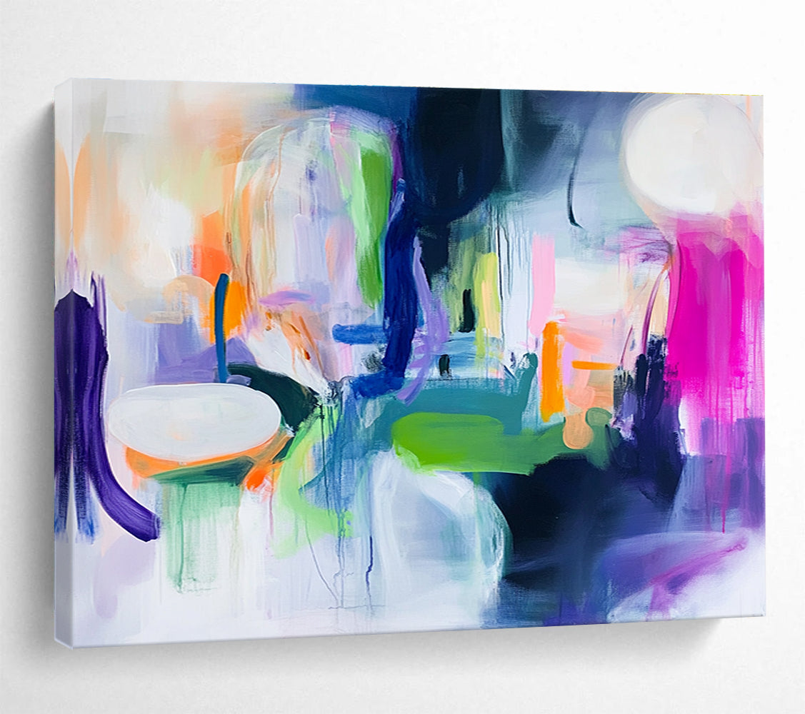 A large abstract painting featuring bright neon colors, thick brush strokes and loose shapes in white, green, purple, blue, pink, orange, and yellow.SC373