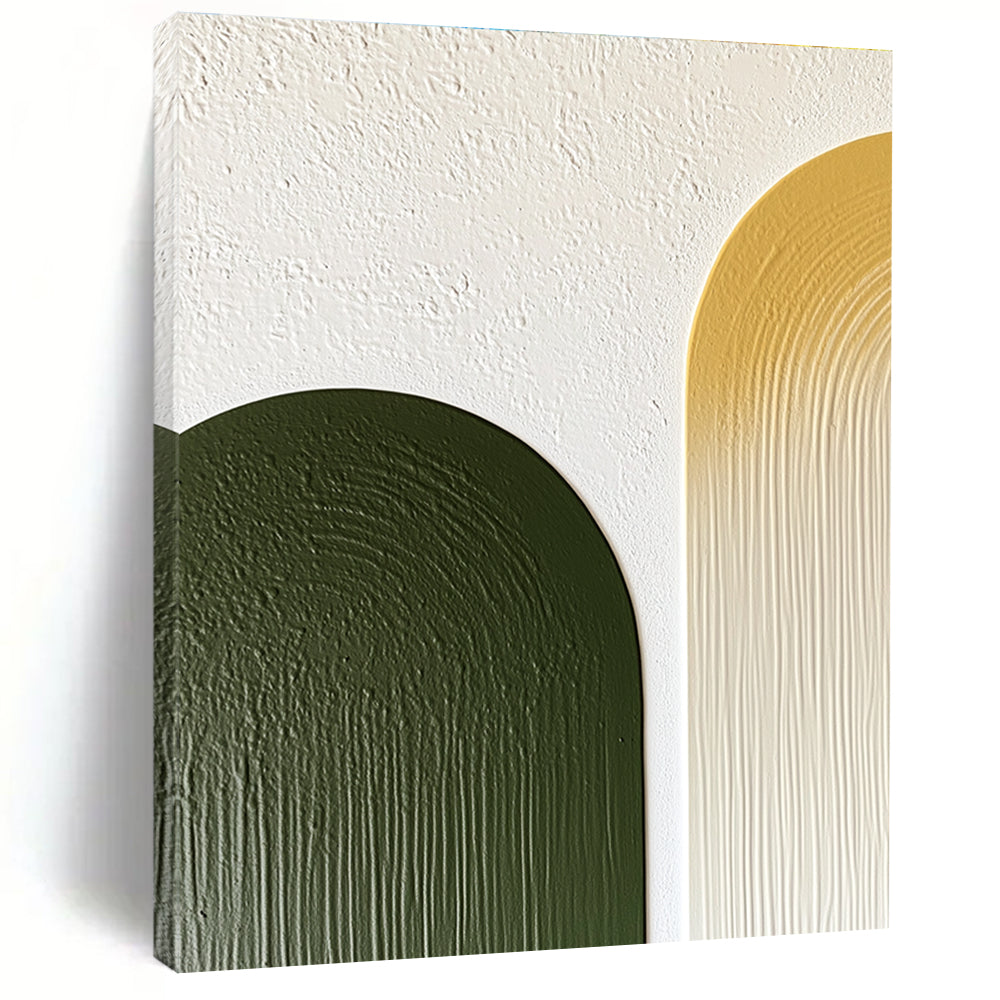 Abstract artwork featuring olive green and mustard yellow half-arches on a textured white wall with minimalist simple lines.STSC964