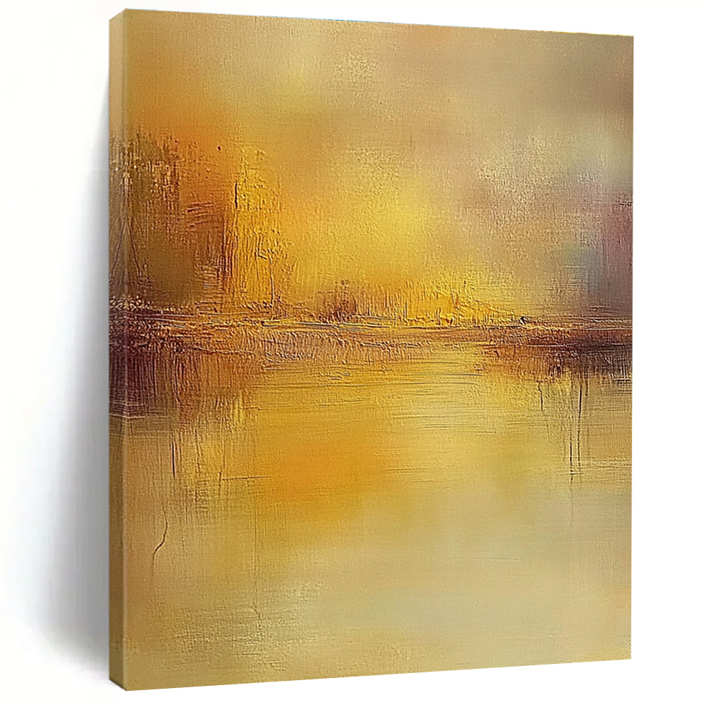 Large abstract painting featuring muted earthy colors and soft focus reflections on water evoking a dreamlike atmosphere with impressionist brush strokes.STSC860