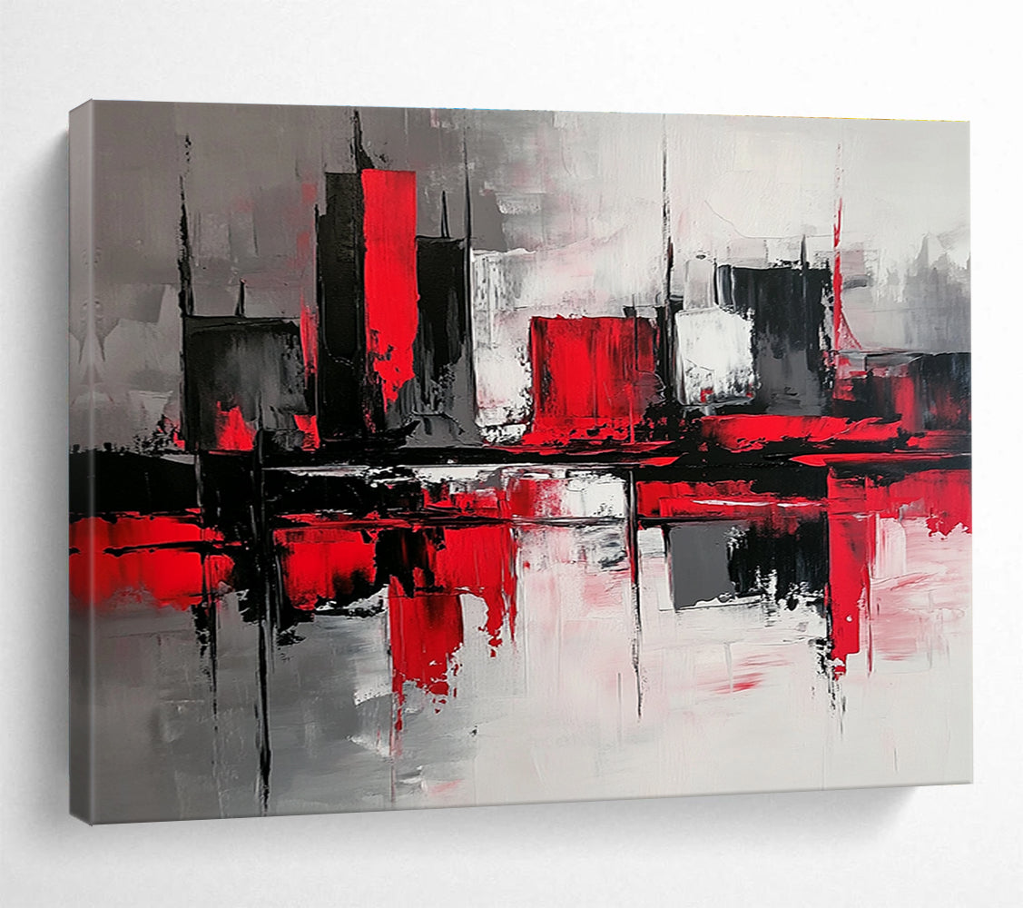 Abstract painting with gray and red color blocks depicting a minimalist urban street scene with reflective water surfaces and a mysterious atmosphere.SC239