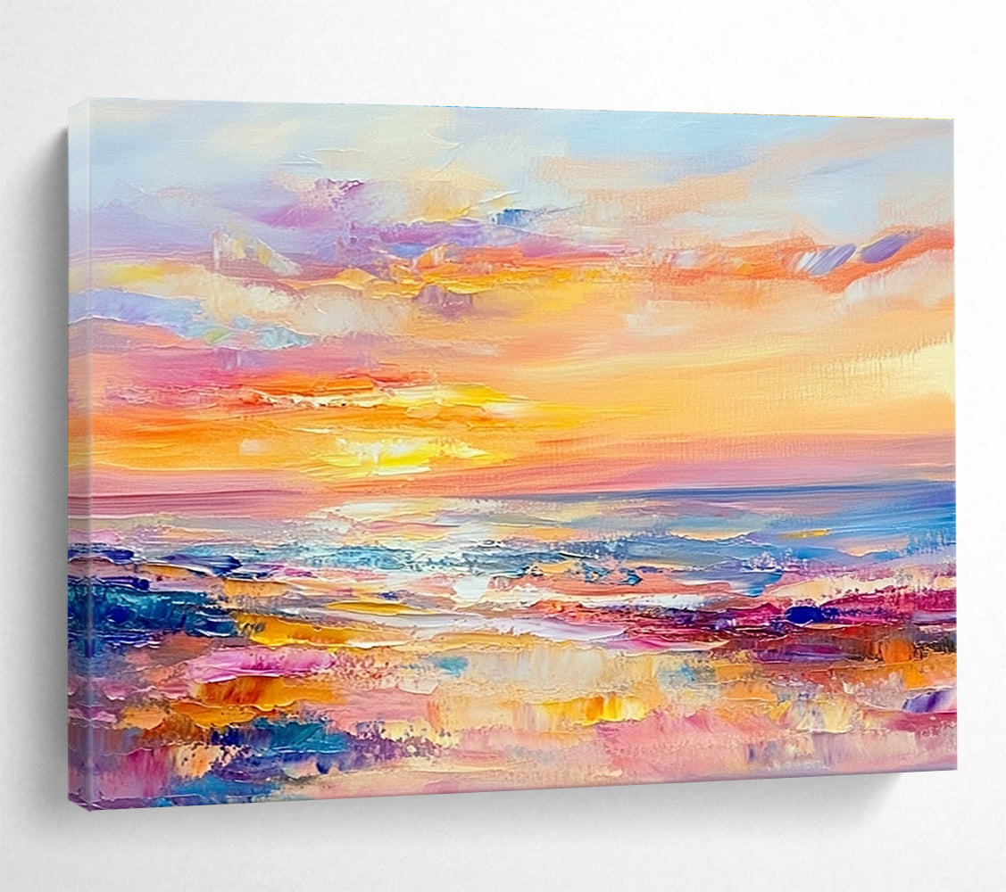 A large abstract painting of the sea at sunset in pastel colors with soft brushstrokes evokes calmness and tranquility.SC416