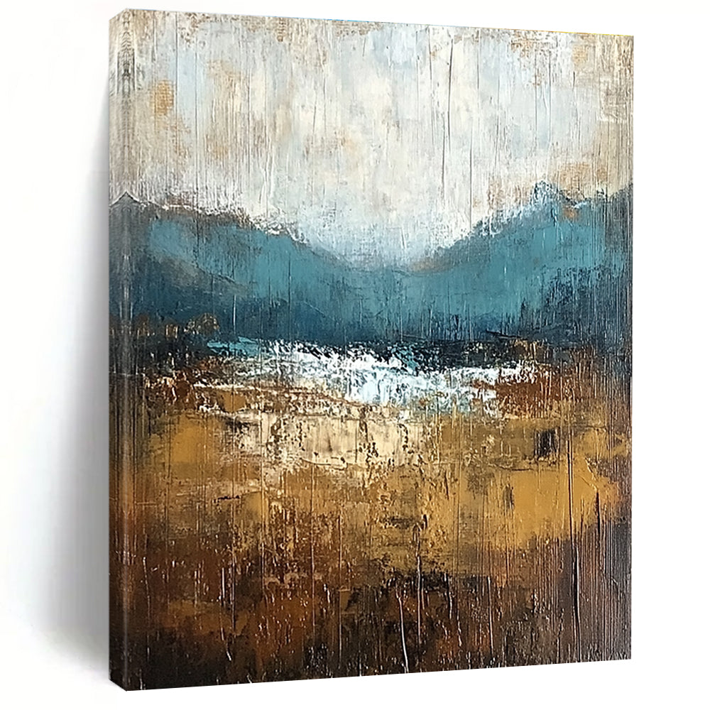Large abstract painting with textured layers in earthy tones capturing nature's beauty and soft atmospheric lighting on canvas.STSC093