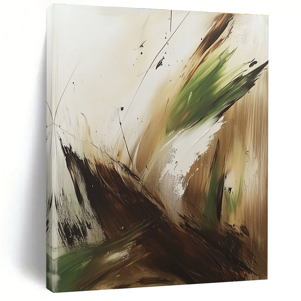 Large abstract painting in earthy brown green and white tones featuring thick brush strokes and splashes inspired by Marjane Satrapi.STSC752