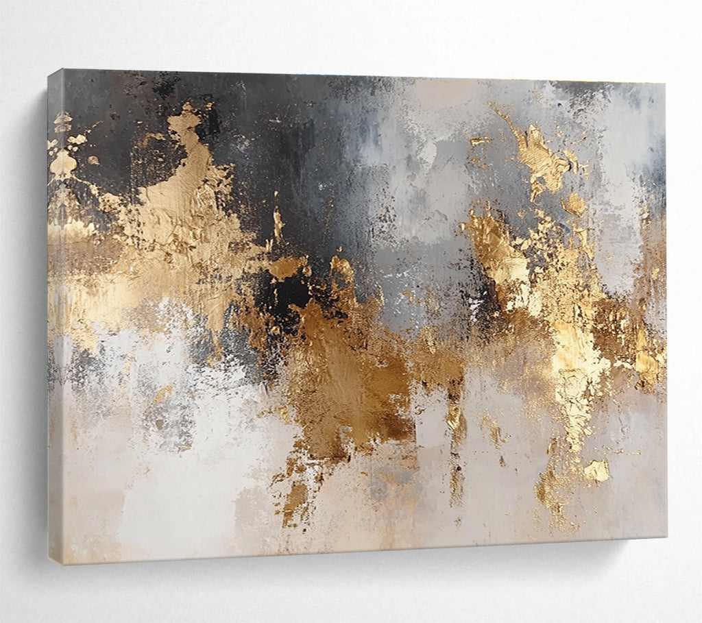 Large abstract art painting featuring gold and silver tones on a neutral background with soft textures and dreamy lighting.SC006