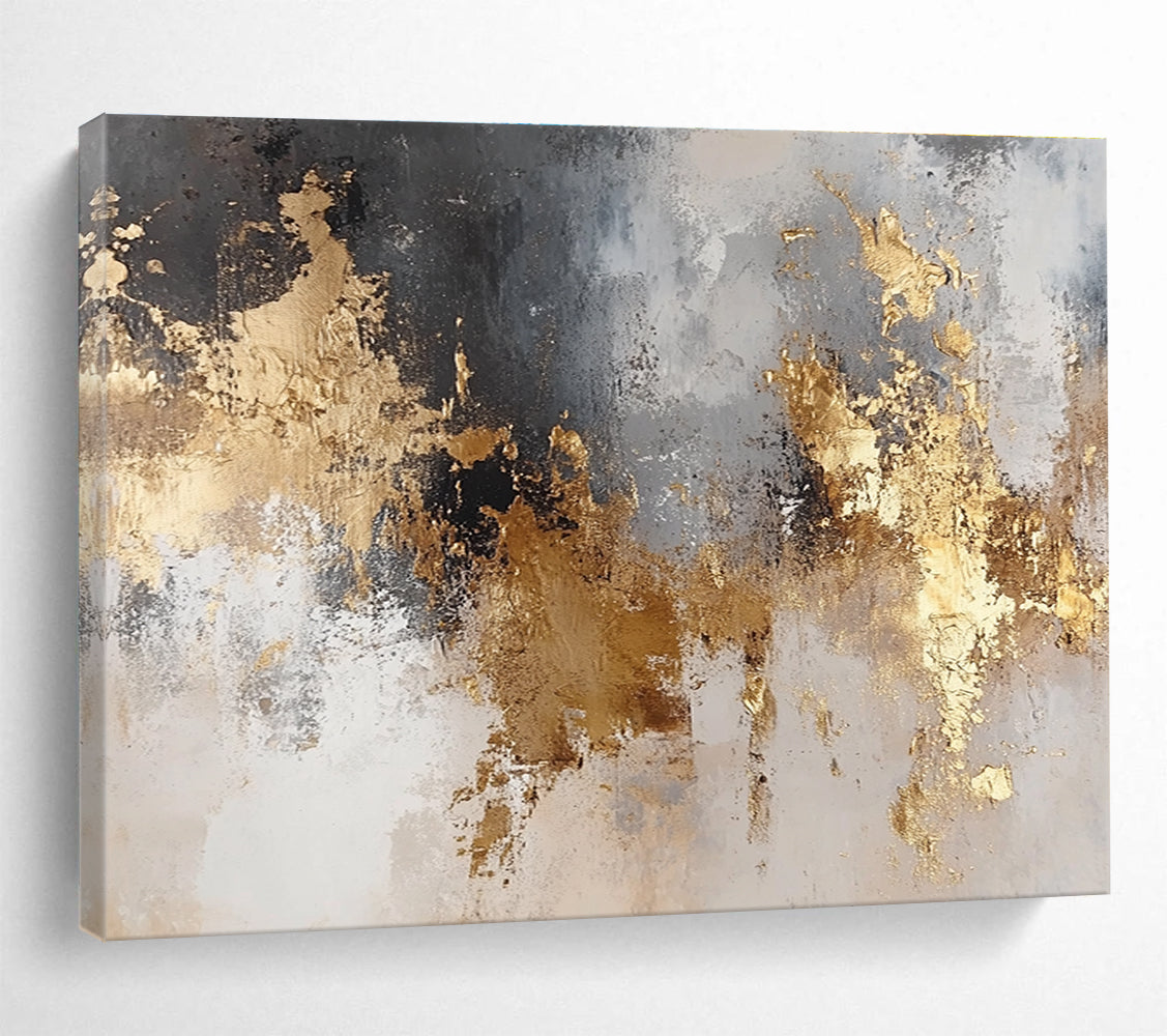 Large abstract art painting featuring gold and silver tones on a neutral background with soft textures and dreamy lighting.SC006