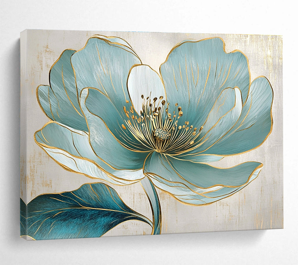 A large abstract painting featuring a turquoise flower with golden lines and exquisite realism on a beige background with elegant gray accents.SC423