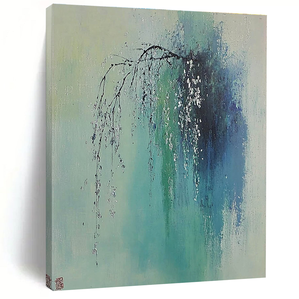 Large abstract painting of a willow tree with silver dewdrops soft colors and a misty rain in spring inspired by Zao Wou-Ki.STSC1038
