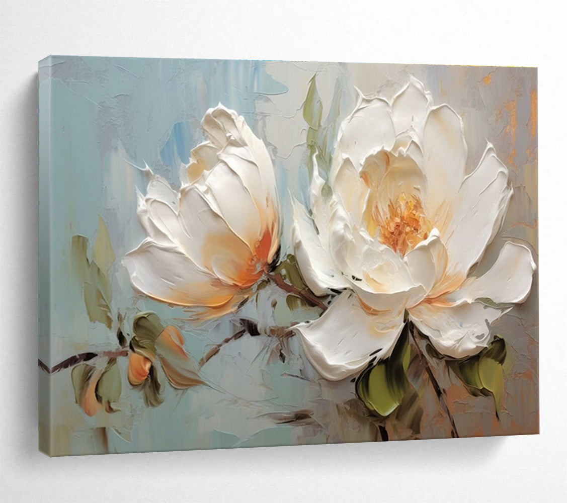 White Peony Textured Abstract Painting with White, Orange, and Green Tones THY174