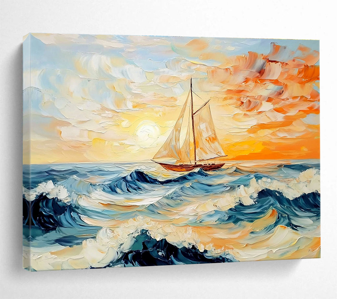 An abstract painting of the sea features an old sailboat at sunset with vibrant orange and blue hues and dynamic waves, inviting oceanic tranquility.SC419
