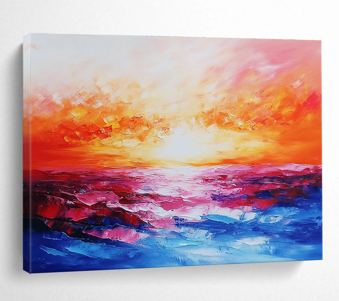 Abstract landscape painting capturing a vibrant sea at sunset with rich reds, oranges, pinks, and blues, expertly created using a palette knife technique.SC074