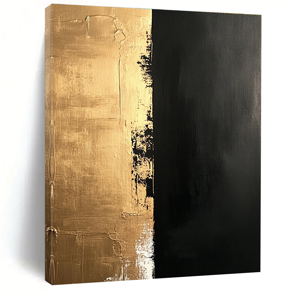 Gold and Black Textured Divide Abstract Painting with Contrasting Hues GER019