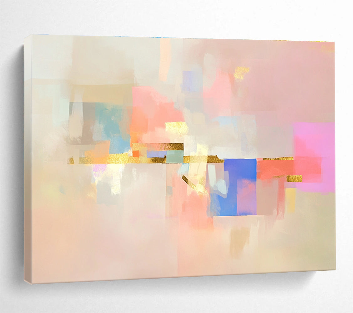 Abstract painting featuring soft shapes and pastel colors on a pink background with gold accents and minimalist design elements.SC043