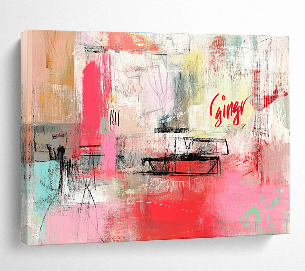 Large abstract painting featuring a dynamic pink and red color palette, organic shapes, blurred imagery, and bold text reading ginger in cursive script.SC275