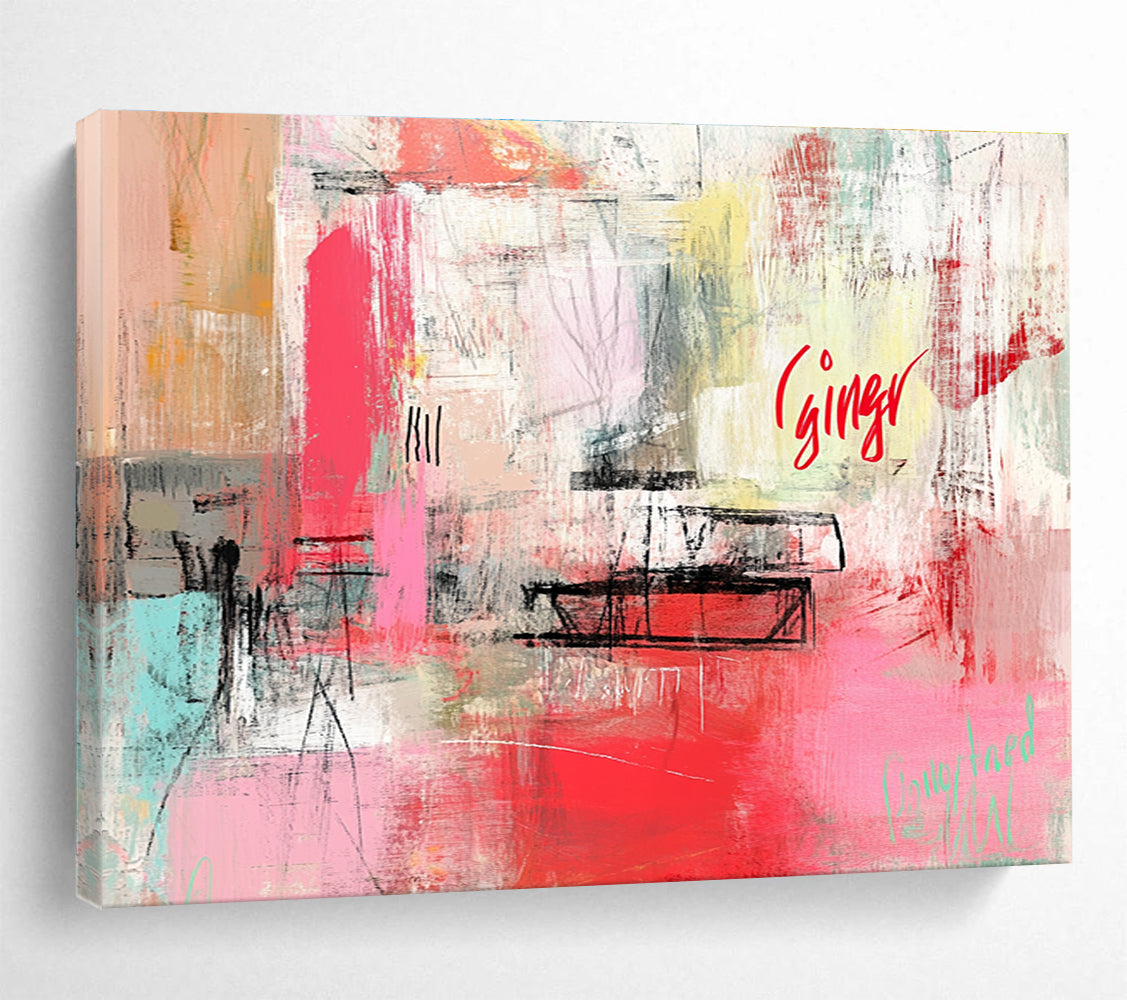 Large abstract painting featuring a dynamic pink and red color palette, organic shapes, blurred imagery, and bold text reading ginger in cursive script.SC275