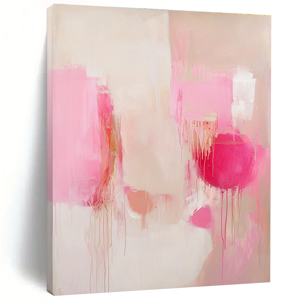 Large abstract painting in soft pink and white tones with emotional expressionism and delicate details, featuring layered shapes and unique accents.STSC807