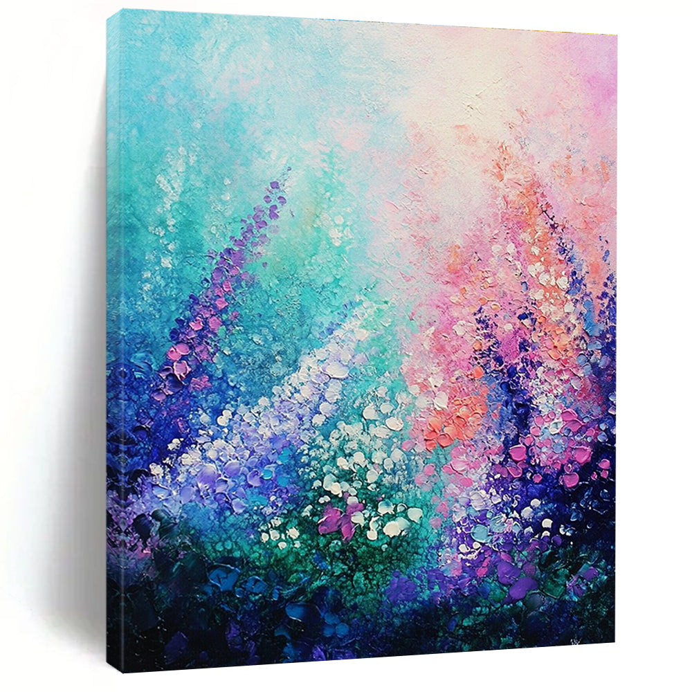 A large abstract painting of an underwater garden featuring glowing coral and vibrant flowers against a soft pastel sky in impressionist style.STSC847