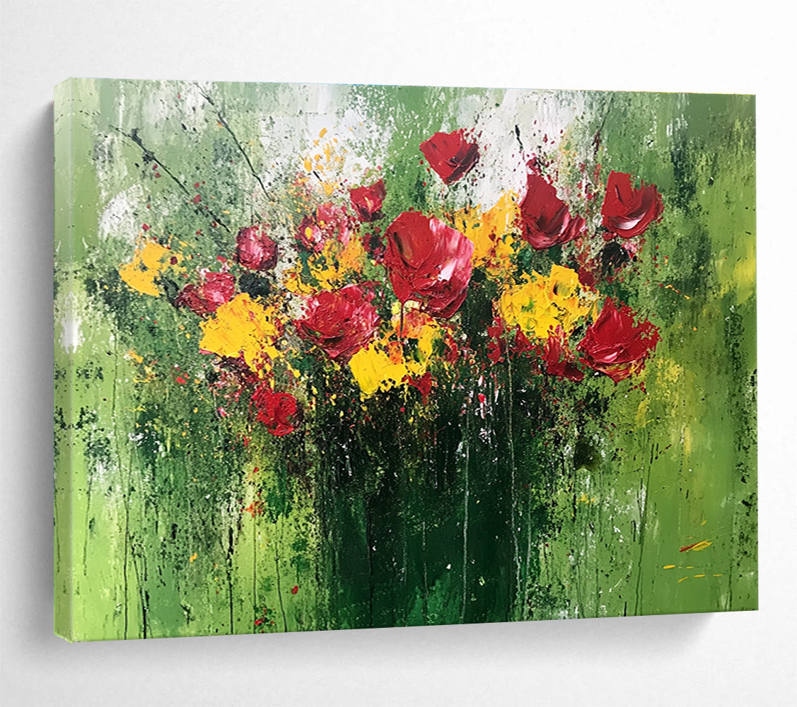 Large abstract painting featuring a vibrant bouquet in red and yellow with thick textured paint and expressive brushstrokes on a green background.SC479