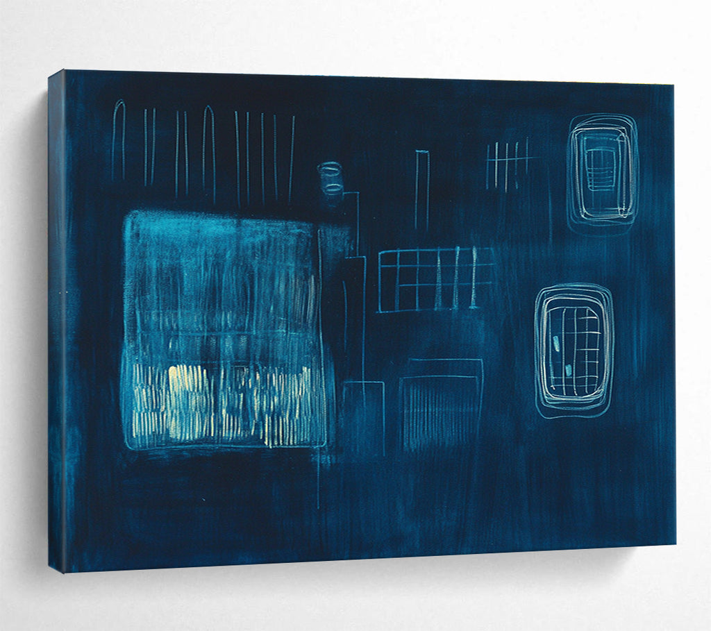 Dark Blue Abstract Composition Painting with Light Blue Lines DYP506
